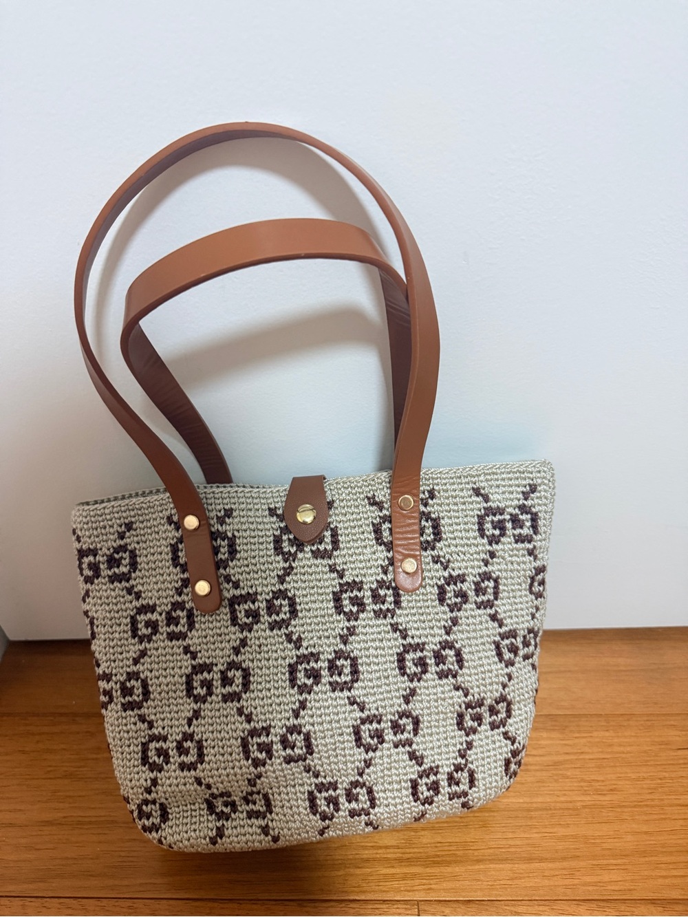 Handmade Woven Tote Bag with Brown Leather Straps